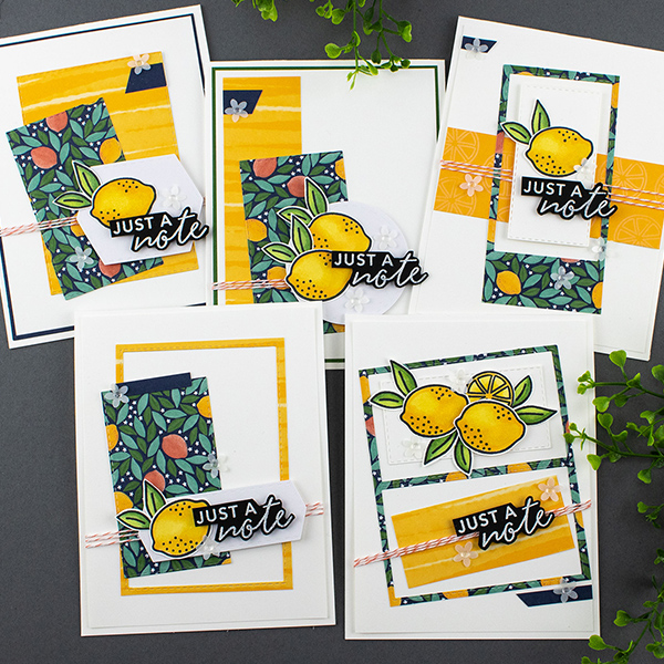A series of 5 cards with lemons on them created using Stampin' Up!'s Simply Citrus Card Kit