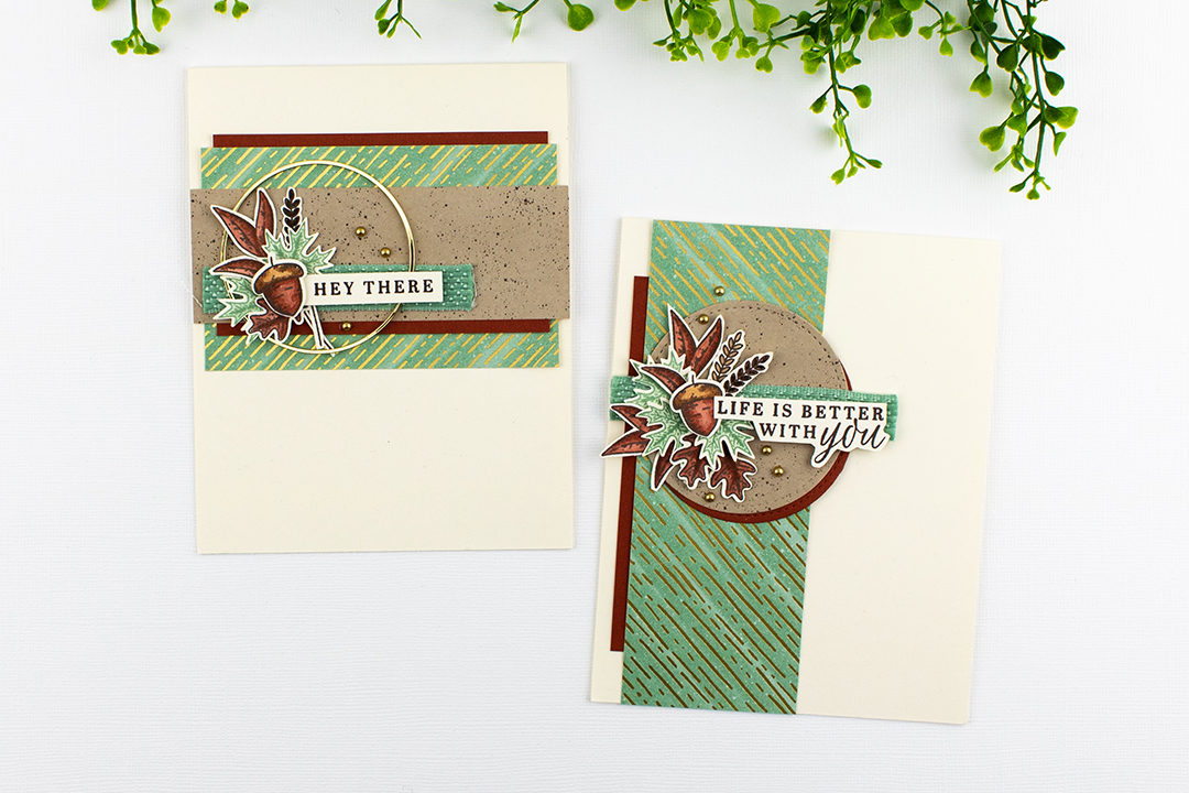 Two autumn themed greeting cards with leaves and acorns, created using Stampin' Up!'s Beautiful Autumn stamp set