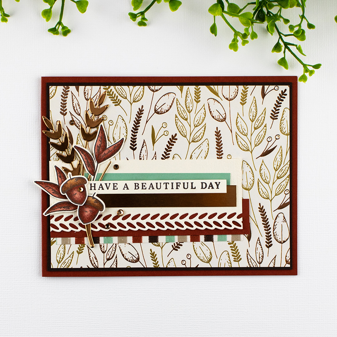 Fall themed card with leaves and acorns created using products from Stampin' Up!'s Beautiful Autumn Product Suite